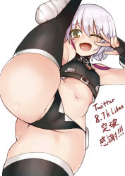 Rule 34 | 1girl, bandaged arm, bandages, black panties, black thighhighs, cameltoe, crop top, facial scar, fate/apocrypha, fate/grand order, fate (series), flat chest, flexible, gloves, green eyes, jack the ripper (fate/apocrypha), leg lift, leg up, lowleg, lowleg panties, navel, one eye closed, panties, scar, scar across eye, scar on cheek, scar on face, senbon tsuki, single glove, solo, split, standing, standing on one leg, standing split, thighhighs, underwear, v, white hair