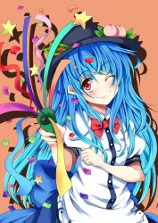 Rule 34 | 1girl, atami, bad id, bad pixiv id, blue hair, food, fruit, hat, highres, hinanawi tenshi, long hair, one eye closed, party popper, peach, red eyes, ribbon, simple background, smile, solo, star (symbol), touhou
