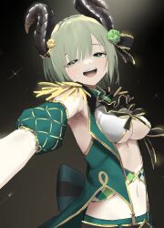 Rule 34 | 1girl, nanashi inc., black background, black horns, breasts, commentary, detached sleeves, green eyes, green hair, hair between eyes, heterochromia, highres, honey strap, horns, idol, kakkokari meshi, looking at viewer, medium breasts, open mouth, sekishiro mico, short hair, simple background, solo, sparkle, sweat, symbol-only commentary, upper body, virtual youtuber, yellow eyes