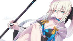 Rule 34 | 1girl, black bow, black dress, blue eyes, bow, braid, breasts, cleavage, crossed legs, dress, fate/grand order, fate (series), french braid, grey hair, hair bow, large breasts, long hair, long sleeves, looking at viewer, morgan le fay (fate), ponytail, sidelocks, sitting, smile, solo, staff, thighs, torichamaru, two-tone dress, very long hair, white dress, wide sleeves