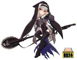 Rule 34 | 1girl, absurdres, aged down, arknights, belt boots, black footwear, black headwear, black nails, black thighhighs, blush, boots, breasts, capelet, circular saw, coat, fh moya, flat chest, full body, garter straps, grey capelet, grey coat, grey hair, habit, hair between eyes, hand up, highres, holding, holding weapon, jewelry, knee boots, long hair, looking at viewer, nail polish, necklace, nun, off shoulder, open clothes, open coat, pelvic curtain, red eyes, saw, sidelocks, small breasts, solo, specter (arknights), thighhighs, turtleneck, weapon
