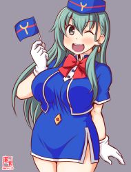 Rule 34 | 1girl, alternate costume, aqua eyes, aqua hair, artist logo, blue dress, breasts, dated, dress, earrings, flag, flight attendant, garrison cap, gloves, grey background, hair ornament, hairclip, hat, jewelry, kanon (kurogane knights), kantai collection, large breasts, long hair, looking at viewer, neckerchief, one-hour drawing challenge, one eye closed, open mouth, red neckerchief, short dress, simple background, smile, solo, suzuya (kancolle), travel attendant, white gloves