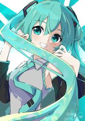 Rule 34 | 1girl, aqua eyes, aqua hair, aqua nails, aqua necktie, black sleeves, blush, c-up, commentary, dated, detached sleeves, grey shirt, grin, hair between eyes, hair ornament, hands up, hatsune miku, highres, long hair, long sleeves, looking at viewer, nail polish, necktie, sechin, shirt, simple background, sleeveless, sleeveless shirt, smile, solo, teeth, twintails, upper body, very long hair, vocaloid, watermark, white background