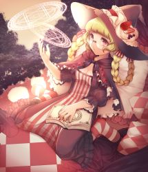 Rule 34 | 1girl, blonde hair, book, braid, breasts, capelet, cleavage, dress, earrings, food, fruit, glasses, hat, highres, jewelry, lips, long hair, magic circle, momoshiki tsubaki, nail polish, open book, original, pantyhose, pillow, pink eyes, red eyes, sitting, small breasts, solo, strawberry, striped clothes, striped dress, striped pantyhose, twin braids, vertical stripes, witch, witch hat