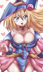 Rule 34 | 1girl, absurdres, bare shoulders, blonde hair, blue dress, blue footwear, blue headwear, blush stickers, boots, breasts, choker, cleavage, commentary, dark magician girl, dress, green eyes, highres, large breasts, looking at viewer, medium hair, off-shoulder dress, off shoulder, okirune (yappa neruwa), pentacle, sitting, solo, staff, star (symbol), yellow choker, yu-gi-oh!