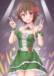 Rule 34 | 1girl, anti (untea9), audience, blush, breasts, brown hair, collarbone, detached collar, double v, dress, flower, glowstick, green dress, hair between eyes, hair flower, hair ornament, highres, idol, idol clothes, kantai collection, lips, mutsuki (kancolle), open mouth, red hair, short hair, small breasts, smile, stage, stage lights, v