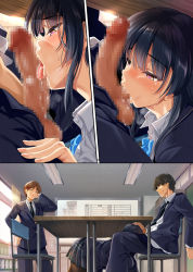 Rule 34 | 1girl, 2boys, black hair, blush, bow, bowtie, breasts, breath, ceiling, censored, chair, cle masahiro, close-up, closed eyes, erection, fellatio, from side, hair over eyes, half-closed eyes, hand on another&#039;s head, hand on own hip, hand up, highres, hypnosis, indoors, large breasts, legs, licking, long hair, mind control, mosaic censoring, multiple boys, multiple views, necktie, open mouth, oral, original, pantyhose, penis, saliva, school uniform, sequential, sitting, skirt, smile, standing, sweat, table, testicle sucking, thighs, tongue, under table, yellow eyes