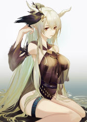 Rule 34 | 1girl, absurdres, arknights, bare shoulders, bird, breasts, brown eyes, commentary, demon girl, demon horns, detached sleeves, gradient background, grey background, grin, hand up, highres, horns, infection monitor (arknights), kawausoman, large breasts, long hair, long sleeves, looking at viewer, official alternate costume, parted lips, pointy ears, ponytail, shining (arknights), shining (silent night) (arknights), silver hair, sitting, smile, solo, swimsuit, thigh strap, thighs, very long hair, wariza