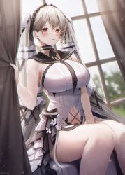 Rule 34 | 1girl, absurdres, artist name, azur lane, black choker, black sailor collar, blurry, blurry background, blush, breasts, bridal gauntlets, choker, clothing cutout, commentary, curtain grab, curtains, dress, formidable (azur lane), formidable (timeless classics) (azur lane), hair ribbon, hand up, highres, huge filesize, indoors, large breasts, light particles, long hair, looking at viewer, meoyo, midriff, navel, official alternate costume, parted lips, red eyes, ribbon, sailor collar, sitting, solo, stomach cutout, veil, very long hair, white dress, white hair, window