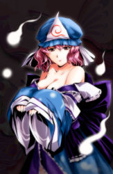 Rule 34 | 1girl, bare shoulders, breasts, cleavage, female focus, ghost, hat, hitodama, japanese clothes, off shoulder, pink hair, saigyouji yuyuko, short hair, smile, solo, touhou, triangular headpiece, undressing, yamaguchi yuu