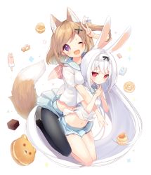 Rule 34 | 2girls, ;d, absurdly long hair, animal ears, blue skirt, bow, bowtie, breasts, brown hair, commentary request, cookie, crop top, cynthia riddle, dress shirt, extra ears, food, fox ears, fox tail, fruit, hair ornament, hair ribbon, highres, jumping, light smile, long hair, looking at viewer, medium breasts, midriff, multiple girls, navel, one eye closed, open mouth, original, p19, pantyhose, pleated skirt, pretzel, purple eyes, rabbit ears, red eyes, ribbon, school uniform, serafuku, shirt, short sleeves, side ponytail, skirt, smile, steepled fingers, strawberry, sweets, swept bangs, tail, v, very long hair, virtual youtuber, white background, white hair, white shirt, x hair ornament