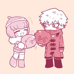 Rule 34 | 1boy, 1girl, :d, ando ruruka, black pants, blush stickers, boots, brown background, chibi, closed eyes, danganronpa (series), danganronpa 3 (anime), full body, fur collar, hat, heart, holding, izayoi sounosuke, jacket, long sleeves, looking at another, notice lines, open mouth, pants, red jacket, shimada (dmisx), simple background, smile