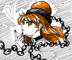 Rule 34 | 1girl, alternate eye color, alternate hair color, black choker, chain, choker, commentary request, earrings, from side, hand up, heart, hecatia lapislazuli, highres, jewelry, long hair, looking at viewer, nail polish, nokisakifuurin, orange eyes, orange hair, orange nails, profile, smile, solo, stud earrings, touhou, white background