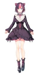Rule 34 | 1girl, absurdres, black dress, blue eyes, blush, boots, bow, bowtie, breasts, closed mouth, commentary request, detached sleeves, double bun, dress, fingernails, frilled dress, frills, full body, hair bun, heterochromia, highres, indie virtual youtuber, kurokiri aria, lips, long sleeves, looking at viewer, medium breasts, multicolored hair, official art, pink eyes, pink hair, platform footwear, purple hair, short dress, short hair, simple background, smile, solo, toosaka asagi, turtleneck, two-tone hair, virtual youtuber, white background