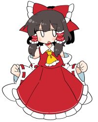 Rule 34 | 1girl, ascot, bare shoulders, black eyes, blush, bow, bright pupils, brown hair, collared shirt, cowboy shot, d:, detached sleeves, frilled ascot, frilled bow, frilled hair tubes, frilled skirt, frills, hair bow, hair tubes, hakurei reimu, hands up, highres, ini (inunabe00), long sleeves, medium hair, open mouth, red bow, red ribbon, red skirt, ribbon, ribbon-trimmed sleeves, ribbon trim, shirt, simple background, skirt, solo, touhou, white background, white pupils, wide sleeves, yellow ascot