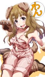 Rule 34 | 1girl, :d, animal ears, animal hands, bare shoulders, blush, boots, breasts, brown eyes, brown footwear, brown hair, cleavage, collar, collarbone, dog ears, dog tail, gloves, highres, idolmaster, idolmaster million live!, long hair, looking at viewer, medium breasts, miyao miya, naked overalls, navel, open mouth, overalls, paw gloves, run p (aveton), simple background, sitting, smile, solo, speech bubble, tail, teeth, thick eyebrows, tongue, wariza, white background