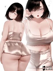 Rule 34 | 1girl, ass, back, bare shoulders, black hair, blush, breasts, camisole, cleavage, collarbone, grey camisole, grey eyes, grey shorts, highres, large breasts, looking at viewer, looking back, multiple views, navel, one eye closed, open mouth, original, shiny clothes, short hair, short shorts, shorts, thick thighs, thighs, twitter logo, white background, zasshu