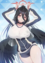 Rule 34 | 1girl, black choker, black hair, black jacket, black shorts, black wings, blue archive, blush, breasts, choker, closed mouth, collarbone, feathered wings, gym shirt, gym shorts, gym uniform, halo, hasumi (blue archive), hasumi (track) (blue archive), highres, jacket, large breasts, long hair, long sleeves, matsumoto tomoyohi, official alternate costume, ponytail, red eyes, red halo, shirt, shorts, solo, track jacket, very long hair, white shirt, wings