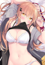 1girl arm_up armpits bed_sheet black_shirt bra breasts camisole cleavage clothes_in_mouth clothes_lift grey_shirt groin hair_ornament hairclip hand_up highres large_breasts long_hair looking_at_viewer lying mouth_hold navel on_back on_bed open_clothes open_shirt orange_eyes orange_hair original ribbon sasahara_wakaba shirt shirt_in_mouth shirt_lift short_sleeves skirt unworn_skirt sleeveless sleeveless_shirt solo spaghetti_strap stomach undershirt underwear white_bra wrist_ribbon