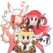 Rule 34 | 3girls, @ @, animal ears, animal print, animated, bad singing, bird tail, blonde hair, blouse, blunt bangs, brown hair, chibi, commentary, covering own ears, ears down, flapping, fur collar, giraffe ears, giraffe horns, giraffe print, grabbing, hands on own head, head wings, horn grab, horns, japanese crested ibis (kemono friends), kemono friends, layered sleeves, long hair, long sleeves, looping animation, medium hair, microphone, multicolored hair, multiple girls, music, neck ribbon, open mouth, purple eyes, red eyes, red hair, reticulated giraffe (kemono friends), ribbon, scarlet ibis (kemono friends), shirt, short over long sleeves, short sleeves, sidelocks, singing, skirt, smile, speech bubble, symbol-only commentary, tail, taro (tontaro), two-tone hair, two side up, video, wavy mouth, white hair, wide sleeves, wings
