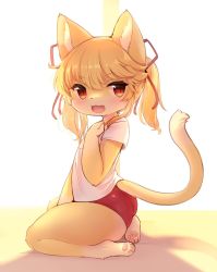 1girl animal_ear_fluff animal_ears animal_hands ass barefoot blonde_hair borrowed_character buruma cat_ears cat_girl cat_tail crunchobar feet from_side furry furry_female gym_uniform hand_on_own_chest highres legs long_hair looking_at_viewer open_mouth original red_buruma red_eyes ribbon shirt short_sleeves sitting smile solo tail thighs twintails white_shirt