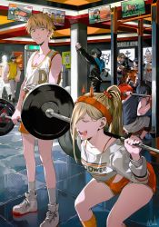 Rule 34 | 1boy, 1girl, absurdres, barbell, bare shoulders, blonde hair, blood, chainsaw man, closed eyes, closed mouth, collarbone, commentary, crop top, demon horns, denji (chainsaw man), english text, exercising, gym, hairband, high ponytail, highres, holding, horns, kyuuba melo, long hair, looking at another, nosebleed, orange hairband, orange horns, orange shorts, orange socks, people, poster (object), power (chainsaw man), sharp teeth, shirt, shoes, shorts, sleeveless, sleeveless shirt, smile, socks, squatting, standing, swept bangs, symbol-only commentary, teeth, television, weightlifting, white footwear, white shirt