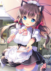 Rule 34 | 1girl, animal ears, apron, aqua eyes, black skirt, blush, breasts, brown hair, cat ears, cat girl, cat tail, commentary request, flyer, hair ornament, hair ribbon, hairclip, highres, holding, holding umbrella, large breasts, long hair, looking at viewer, maid, maid apron, maid headdress, mikeou, open mouth, original, outdoors, outstretched arm, puffy sleeves, ribbon, shirt, skirt, smile, solo, standing, tail, tail ornament, tail ribbon, thighs, twintails, umbrella, white legwear, white shirt