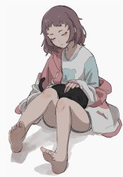 Rule 34 | 1girl, animal, animal on lap, animal print, bare legs, barefoot, bear print, black cat, blush, brown hair, cat, closed eyes, closed mouth, collarbone, commentary request, drawstring, feet, grey shorts, hand on animal, highres, hood, hoodie, long sleeves, medium hair, off shoulder, on ground, on lap, original, pink hoodie, shirt, shorts, sidelocks, simple background, sitting, soles, tabao, toes, white background, white shirt