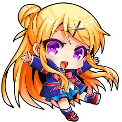 Rule 34 | 1girl, :d, arms up, blonde hair, blue jacket, blue skirt, blue socks, blush, bow, bowtie, chibi, collared shirt, full body, hair bun, hair ornament, jacket, kin-iro mosaic, kujou karen, long hair, looking at viewer, makokb, miniskirt, no nose, open clothes, open jacket, open mouth, outstretched arms, pink bow, pink bowtie, pleated skirt, purple eyes, red footwear, shirt, shoelaces, shoes, single hair bun, skirt, smile, sneakers, socks, solo, straight hair, swept bangs, tongue, transparent background, union jack, white shirt, x hair ornament