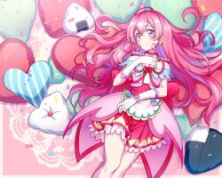 Rule 34 | 1girl, blush, closed mouth, cure precious, delicious party precure, earrings, elbow gloves, from above, gloves, hair between eyes, hair down, highres, jewelry, kyoutsuugengo, long hair, lying, miniskirt, on back, pillow, pink hair, pleated skirt, precure, purple eyes, red skirt, skirt, smile, solo, straight hair, underbust, very long hair, white gloves