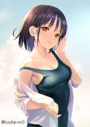 Rule 34 | 1girl, black one-piece swimsuit, breasts, brown eyes, brown hair, cleavage, closed mouth, collarbone, collared shirt, commentary, covered navel, dress shirt, hand up, koutaro, long sleeves, looking at viewer, off shoulder, one-piece swimsuit, open clothes, open shirt, original, school swimsuit, shirt, small breasts, smile, solo, swimsuit, swimsuit under clothes, twitter username, upper body, white shirt