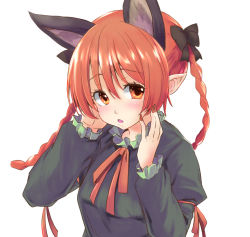 Rule 34 | 1girl, animal ears, blush, bow, braid, cat ears, extra ears, fang, hair bow, kaenbyou rin, lefthand, long hair, looking at viewer, nail polish, open mouth, pointy ears, red eyes, red hair, red nails, simple background, solo, touhou, twin braids, upper body, white background