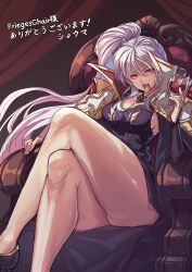 Rule 34 | 1girl, absurdres, blood, cape, commission, commissioner upload, cup, drinking glass, fangs, fire emblem, fire emblem: genealogy of the holy war, glass, highres, ishtar (fire emblem), jewelry, long hair, necklace, nintendo, non-web source, red eyes, shouma (bravespiritya), sitting, skeb commission, slit pupils, thick thighs, thighs, wine glass
