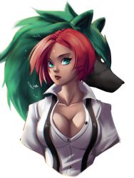 Rule 34 | 1girl, absurdres, blue eyes, breasts, cleavage, collared shirt, commentary, dark-skinned female, dark skin, english commentary, f2wvae, giovanna (guilty gear), green fur, guilty gear, guilty gear strive, highres, large breasts, lips, nose, partially unbuttoned, popped collar, portrait, red hair, rei (guilty gear), shirt, short hair, snout, solo focus, suspenders, upper body, white background, white shirt, wolf