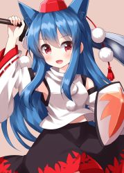 Rule 34 | 1girl, animal ears, arm up, autumn leaves, bare shoulders, black skirt, blue hair, blush, breasts, brown background, cosplay, detached sleeves, hair between eyes, hands up, hat, highres, hinanawi tenshi, inubashiri momiji, inubashiri momiji (cosplay), leaf, leaf print, long hair, long sleeves, looking to the side, medium breasts, midriff peek, one-hour drawing challenge, open mouth, pom pom (clothes), red eyes, red hat, ruu (tksymkw), shield, shirt, simple background, skirt, sleeveless, sleeveless shirt, smile, solo, sword, tokin hat, touhou, weapon, white shirt, white sleeves, wide sleeves, wolf ears