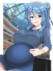 Rule 34 | 1girl, absurdres, bag, blue dress, blue eyes, blue hair, breasts, commentary, covered navel, double bun, dress, english commentary, hair between eyes, hair bun, hama (zarulzaharudin), hat, highres, jewelry, kantai collection, large breasts, pregnant, ring, sailor hat, shopping bag, teeth, upper teeth only, urakaze (kancolle), wedding ring