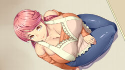 Rule 34 | 1girl, :&gt;, apron, blush, breasts, cleavage, closed mouth, covered erect nipples, female focus, from above, highres, huge breasts, jewelry, kneeling, kodamama, legs, long hair, looking at viewer, mature female, off shoulder, orange eyes, original, pink hair, ring, simple background, sitting, smile, solo, thighs, wedding band