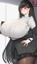 Rule 34 | 1girl, alternate breast size, black hair, black jacket, black pantyhose, black skirt, blue archive, blush, breasts, bright pupils, chomikuplus, commentary request, curvy, gigantic breasts, hair ornament, hairclip, halo, highres, holding, holding tablet pc, holster, jacket, long hair, looking at viewer, off shoulder, pantyhose, partial commentary, pleated skirt, red eyes, ribbed sweater, rio (blue archive), skirt, solo, sweater, sweater tucked in, tablet pc, thick thighs, thigh holster, thighs, turtleneck, turtleneck sweater, very long hair, watch, white pupils, white sweater, wristwatch