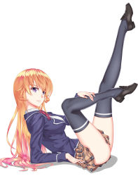 Rule 34 | 10s, 1girl, 5plus, arm support, ass, black thighhighs, blonde hair, breasts, hand on leg, highres, large breasts, legs up, loafers, long hair, looking at viewer, nakiri erina, plaid, plaid skirt, purple eyes, school uniform, shoes, shokugeki no souma, skirt, smile, solo, thighhighs, white background