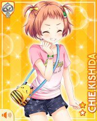 Rule 34 | 1girl, bag, bee, blouse, bow, bracelet, brown hair, bug, button, card, character name, clenched hands, closed mouth, english text, closed eyes, girlfriend (kari), hair bow, hair ornament, insect, jewelry, kishida chie, official art, pink shirt, qp:flapper, shirt, shorts, smile, solo, standing, strap, tagme, teeth, twintails, yellow background, yellow eyes