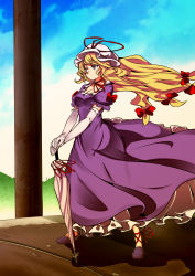 Rule 34 | 1girl, absurdres, arched back, baba (baba seimaijo), blonde hair, blue sky, breasts, choker, cleavage, closed umbrella, cloud, dress, elbow gloves, flowing dress (dq), frilled dress, frills, gloves, hair ribbon, hat, highres, hill, hip focus, lake, long hair, mob cap, own hands together, parody, planted, planted umbrella, platform, puffy sleeves, purple dress, purple eyes, revision, ribbon, ribbon choker, short sleeves, sky, solo, style parody, touhou, umbrella, very long hair, waiting, wind, yakumo yukari