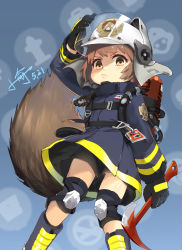 Rule 34 | &gt;:(, 1girl, arknights, arm up, axe, black gloves, black shorts, blue background, blue footwear, blue jacket, blush, boots, brown eyes, brown hair, commentary request, firefighter, firefighter jacket, frown, gloves, helmet, highres, holding, holding axe, jacket, knee boots, knee pads, long sleeves, looking at viewer, shaw (arknights), short shorts, shorts, signature, solo, tail, v-shaped eyebrows, visor, white headwear, xiaoyu