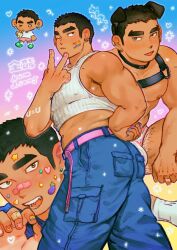 Rule 34 | &gt; o, 1boy, absurdres, animal collar, animal ears, armpit hair, armpit hair peek, ass, bandaid, bandaid on face, bandaid on nose, bara, bare pectorals, black hair, blue nails, blush, bulge, chibi, collage, collar, covered erect nipples, cropped shirt, dark-skinned male, dark skin, denim, dog ears, earrings, fake animal ears, feet out of frame, from behind, heart stickers, highres, jeans, jewelry, kemonomimi mode, kim liong (shan), large pectorals, leg hair, lgbt pride, long sideburns, male focus, male underwear, multicolored nails, muscular, muscular male, nail polish, nipples, one eye closed, original, pants, pectorals, piercing, pink bandaid, pink nails, rainbow flag, shan (shanshankuo), short hair, sideburns, sidepec, striped tank top, tank top, tattoo, thick eyebrows, thick thighs, thighs, tongue piercing, underwear, v, white male underwear, white tank top