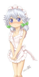 Rule 34 | 1girl, 2013, apron, artist name, bare shoulders, blue eyes, blush, bow, braid, collarbone, dated, female focus, hair bow, izayoi sakuya, looking at viewer, maid headdress, naked apron, nanasino-nasiki, nohashi (travel frontier), own hands together, short hair, silver hair, simple background, solo, touhou, twin braids, v arms, white background