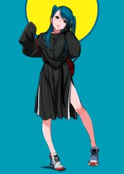 Rule 34 | 1girl, absurdres, aqua background, aqua hair, arms up, black dress, black eyes, circle, dress, full body, highres, long hair, looking at viewer, miyoshi yoshimi, original, red bag, shoes, sleeves past fingers, sleeves past wrists, solo, standing, tongue, tongue out, white footwear