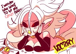 Rule 34 | 1girl, android 21, animated, animated gif, artist name, bare shoulders, black gloves, black sclera, blush, bra, breasts, candy, chocolate, cleavage, colored sclera, diives, dragon ball, dragon ball fighterz, earrings, eating, elbow gloves, english text, fang, female focus, food, gloves, hands on own face, holding, holding with tail, jewelry, lollipop, lying, majin android 21, medium breasts, midriff, nail polish, on stomach, open mouth, pointy ears, prehensile tail, red eyes, saliva, signature, simple background, smile, solo, strapless, tail, talking, text focus, tongue, tongue out, tube top, underwear, white background, white hair