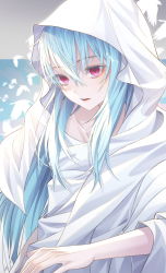 Rule 34 | 1other, androgynous, bird, blue hair, cloud, collarbone, empty eyes, ginong, gradient background, hair between eyes, highres, hooded robe, long hair, open mouth, raphael (tensei shitara slime datta ken), red eyes, rimuru tempest, robe, sky, solo, straight hair, tensei shitara slime datta ken, very long hair, white robe