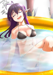 Rule 34 | 1girl, antenna hair, arm support, ass, breasts, collarbone, drooling, elf, closed eyes, floating breasts, floating hair, katori (pso2), long hair, mole, mole under eye, partially submerged, phantasy star, phantasy star online 2, pointy ears, pool, purple hair, shimotsuki iko, sitting, sleeping, solo, swimsuit