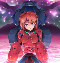 Rule 34 | 1girl, blue eyes, blush, bodysuit, breasts, cockpit, fingers together, gloves, hair ornament, kasai shin, knees up, lcl, long hair, looking at viewer, neon genesis evangelion, orange hair, parted lips, partially submerged, pilot suit, plugsuit, red bodysuit, sitting, small breasts, solo, souryuu asuka langley, turtleneck, water