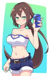 Rule 34 | 1girl, absurdres, aile (mega man zx), bare shoulders, blush, breasts, brown hair, buzzlyears, cleavage, cleavage cutout, clothing cutout, denim, denim shorts, drink, green eyes, highres, large breasts, long hair, medium breasts, mega man (series), mega man zx, mega man zx advent, midriff, ponytail, shorts, solo, strapless, tagme, tube top